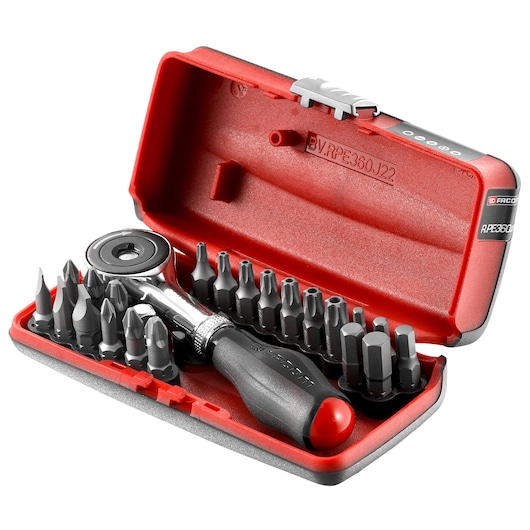 Facom R.PE360J22PB ratchet screwdriver and bit set in red hard case, product photo, front angle.