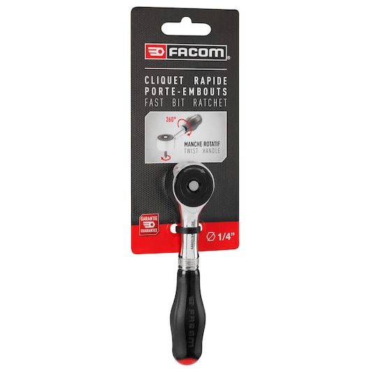Photo of Facom R.PE360PB fast bit ratchet with black and red twist handle, front angle, on retail packaging.