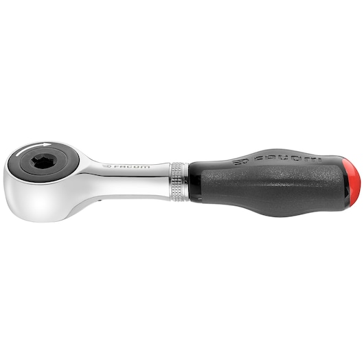 Facom ratchet with black and red ergonomic handle, SKU R_PE360, side view on white background.