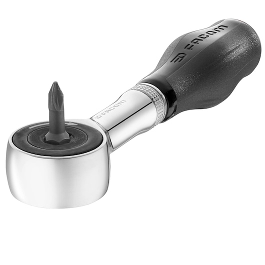 Facom R_PE360 ratcheting screwdriver with black handle and chrome finish, front angle on white background.