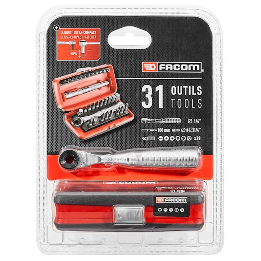 Facom ultra-compact ratchet and 31-piece tool set in red and black case, SKU R_PEJ31PB, front view.