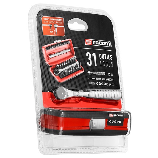 Facom R_PEJ31PB 31-piece compact ratchet tool set in red and black packaging, front angle.