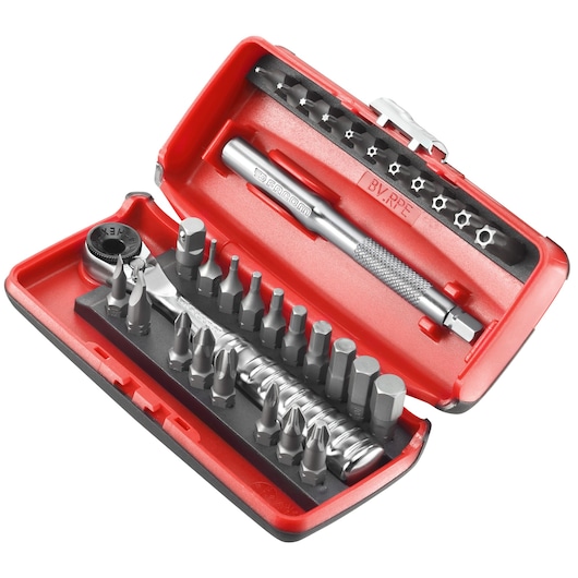 Photo of Facom R_PEJ31 compact ratchet screwdriver bit set with multiple bits in a red plastic case, angled view.