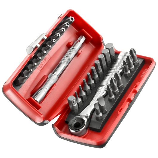 Facom R_PEJ31 ratchet screwdriver and bit set in open red case, shown from above on white background.