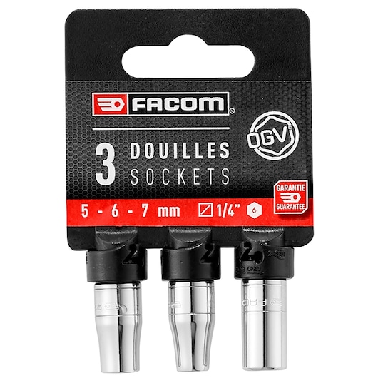 Facom R.SPB set of three chrome sockets 5, 6, 7 mm in retail packaging, front angle.