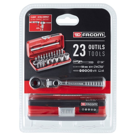 Photo of Facom R1PICOPB 23-piece ultra-compact ratchet and socket set in red and black case, front packaging view.