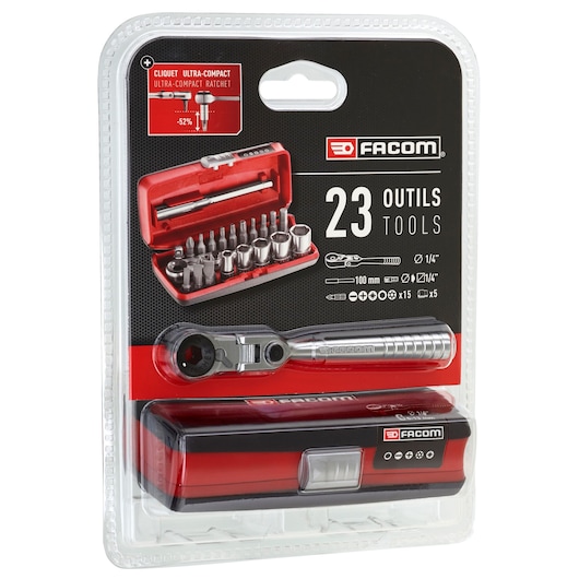 Facom R1PICOPB 23-piece ultra-compact ratchet and socket set in red and black case, front packaging view.