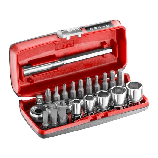 Facom R1PICO socket and bit set in open red case, showing chrome sockets and assorted screwdriver bits, angled view.