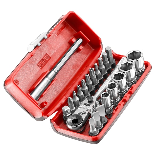 Facom R1PICO compact socket and bit set in red case, angled top view on white background.