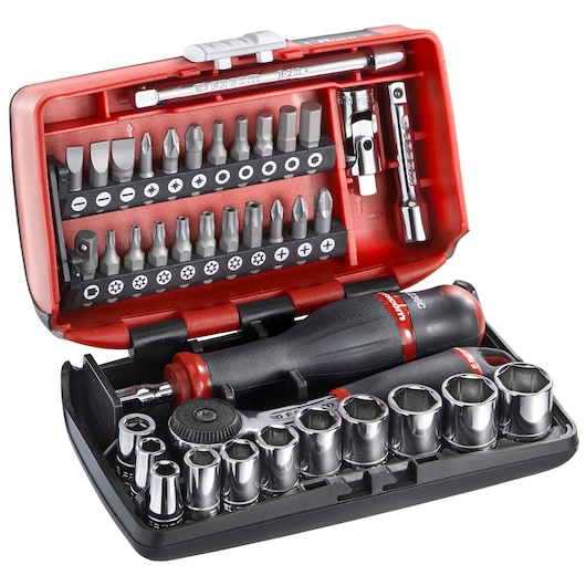 Photo of Facom R2NANOPB socket and bit set with screwdriver handles, sockets, and bits in a red and black case, angled view.
