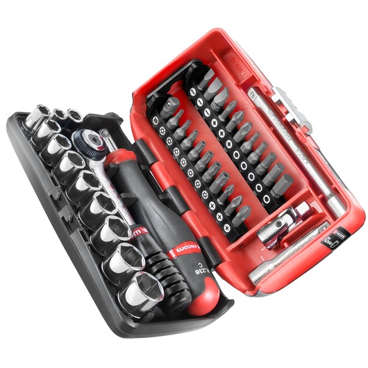 Facom R2NANOPB compact socket and bit set with ratchet handle in black and red plastic case, angled view.