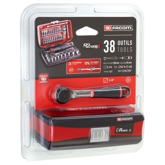 Photo of Facom R2NANOPB 38-piece compact socket and bit set in retail packaging, showing case, ratchet, and tool layout.