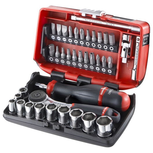 Facom R2NANO compact ratchet and screwdriver bit set in hard case, sockets and bits visible, front angle.