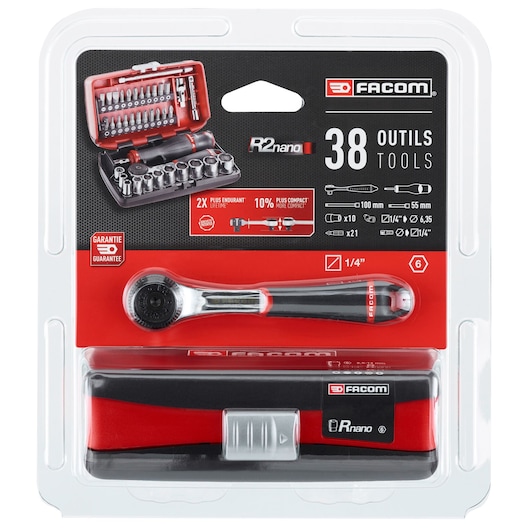 Facom R2nano 38-piece compact ratchet and socket tool set in packaging. Includes a ratchet, sockets, screwdriver bits, a red and black case, and product information printed on the cardboard backing.