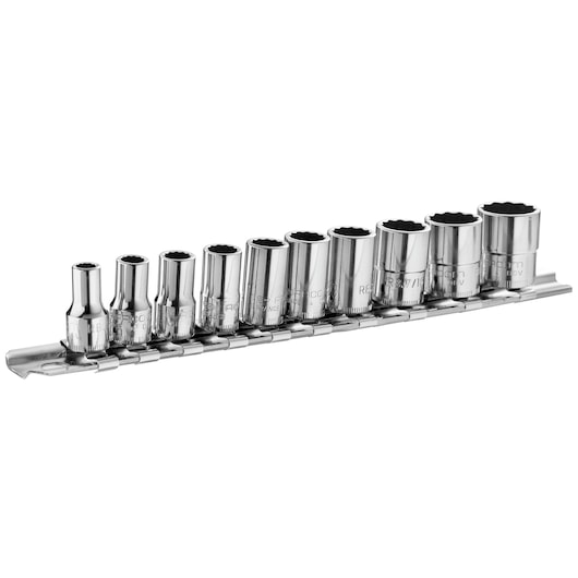 Photo of Facom RB_40AE socket set with ten chrome sockets on a metal rail, front angle, white background.