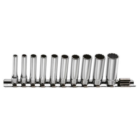 Facom REL_40U chrome socket set with rail, front angle, photography of 11 sockets on white background.