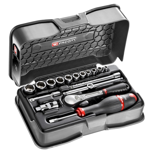 Facom RL_161-2P6U socket and ratchet tool set in open black hard case, photo from above.