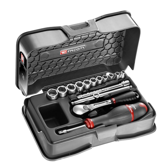 Facom RL_161-2P6 socket and ratchet set in black hard case, top view with tools arranged in foam insert.