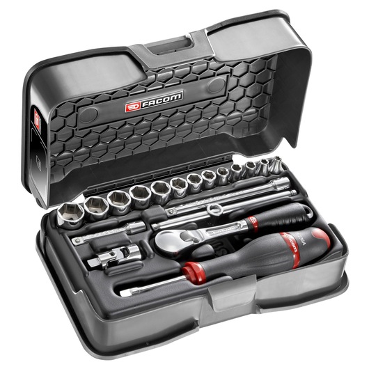 Facom RL_161-3P6 socket and ratchet tool set in black hard case, top angle, assorted chrome sockets.
