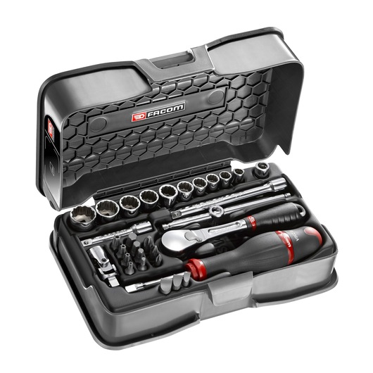 Facom RL_161-5P12 ratchet and socket tool set in black case, front angle, assorted bits and accessories.