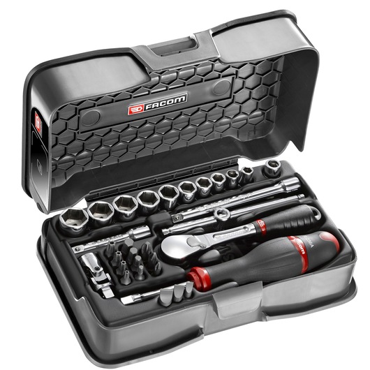 Facom toolkit RL_161-5P6 with ratchet, screwdriver, sockets, and bits in black case, angled view.