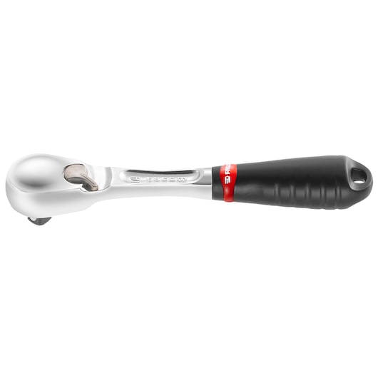 Facom RL_161 ratchet wrench side view, silver metal head, black and red handle, white background.