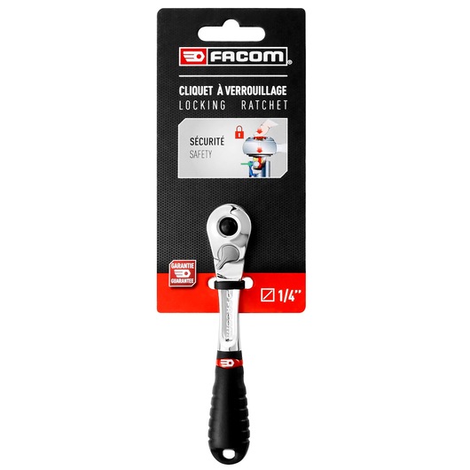 Facom RL.171PB locking ratchet with black and red handle, 1/4 inch drive, front angle on white background.