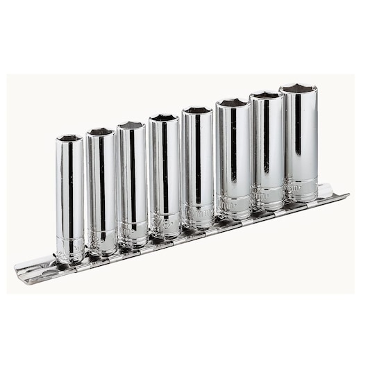 Facom RL_40E chrome socket set on rail, side angle photo, featuring eight sockets.