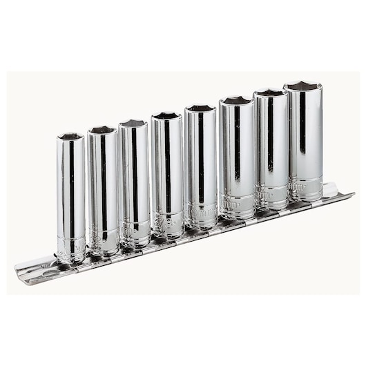 Facom RL_41E chrome socket set on rail, photography, side angle on white background.
