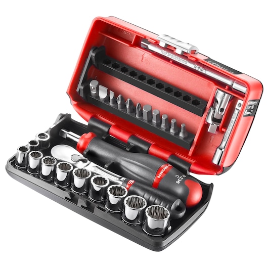 Facom RL_NANO-U112 compact socket and screwdriver set in red and black case, top angle.