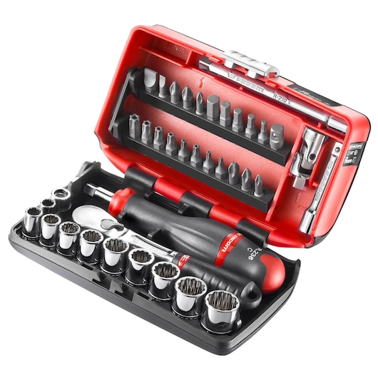 Facom RL_NANO-U2 compact socket and screwdriver bit set in open red and black case, angled view.