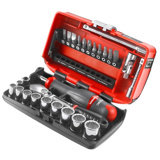 Facom RL_NANO112 compact red and black ratchet and bit set with multiple sockets and screwdriver bits, front angle.