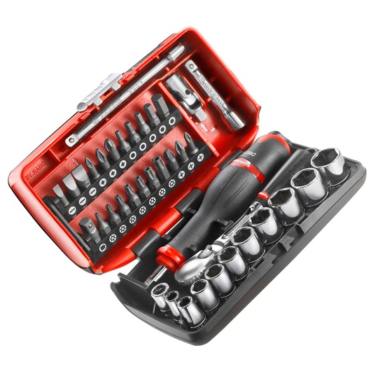 Facom RL.NANO1PB compact ratchet and bit socket set in open red case, showing bits, sockets and ratchet, angled view.