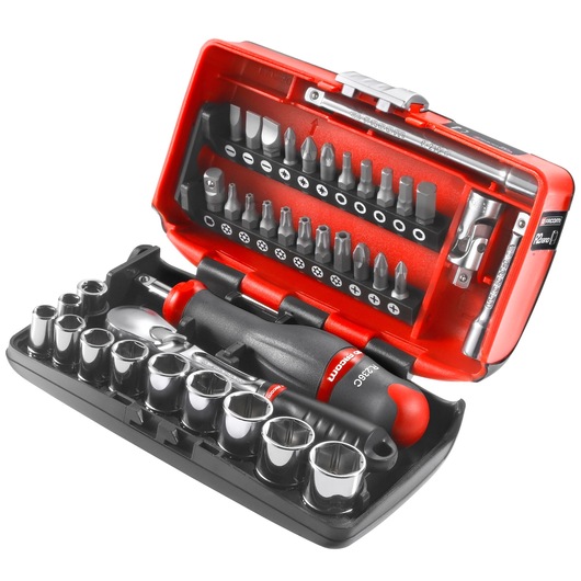 Facom RL.NANO1PB compact socket and bit set with ratchet handle, screwdriver, sockets, and bits in a red and black case, front angle.