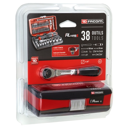 Photo of Facom RL.NANO1PB ratchet and socket set, 38-piece tools in black and red case, front angle, blister packaging.