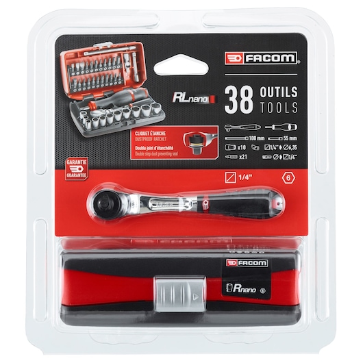 Packaging of the Facom RL nano 38-piece tool set, featuring a ratchet, sockets, and accessories. The package shows the red and black Facom branding, product description, guarantee badge, and illustrations of the included tools.
