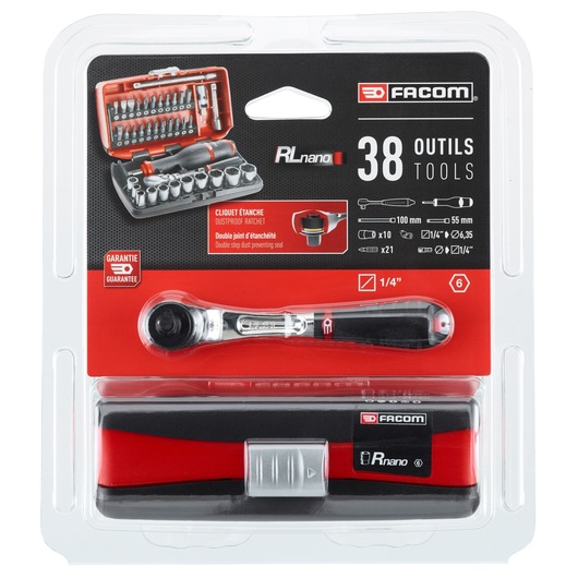 1/4" socket set, 38 pieces, NANO, pear-head ratchet