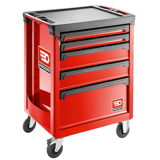 Facom ROLL.5M3APB red tool trolley with five drawers and black handles, front angle on white background.