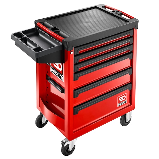 Facom ROLL.6M3APB red tool cabinet with six drawers, side organizer tray, and caster wheels, front angle.