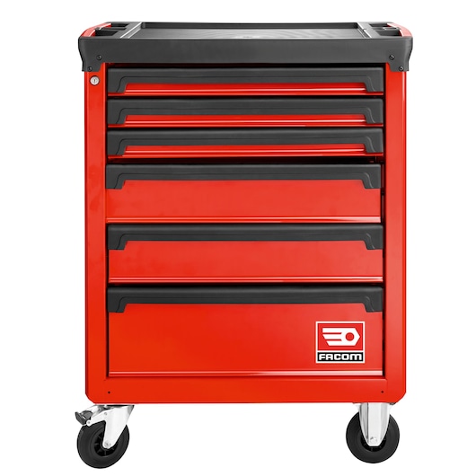 Facom red tool chest with six drawers on wheels, front angle, ROLL.6M3APB.