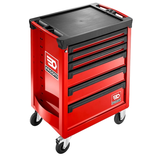 Facom ROLL.6M3APB red tool chest with six drawers, black top, mobile wheels, angled view.