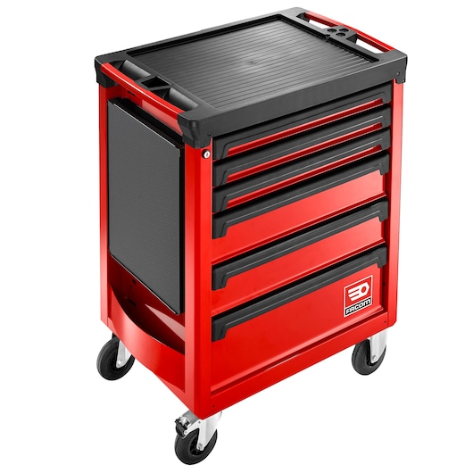Facom ROLL.6M3APB red tool storage cabinet with six drawers and wheels, front angle photo.