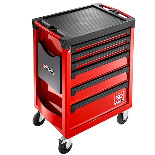 Facom ROLL.6M3APB red tool trolley with six drawers, side storage, and caster wheels, front angle.