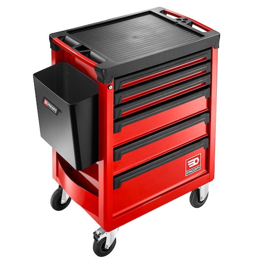 Facom ROLL.6M3APB red rolling tool cabinet with five drawers and black side bin, front angle.