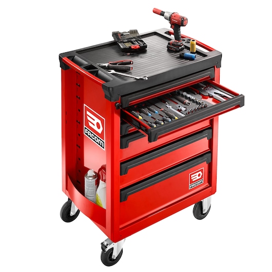 Facom ROLL.6M3APB red tool trolley with open drawer, assorted hand tools, power drill, and accessories, side angle.