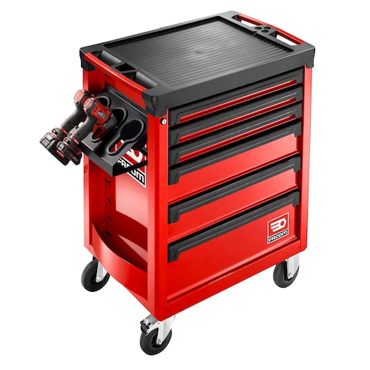 Facom ROLL.6M3APB red tool chest with six drawers, drill holder, and wheels, front angle photo.