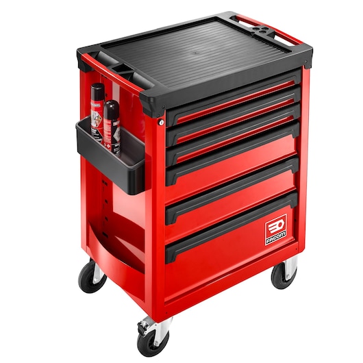 Facom ROLL.6M3APB red tool trolley with six drawers, side tray, black handles, and caster wheels, front angle.