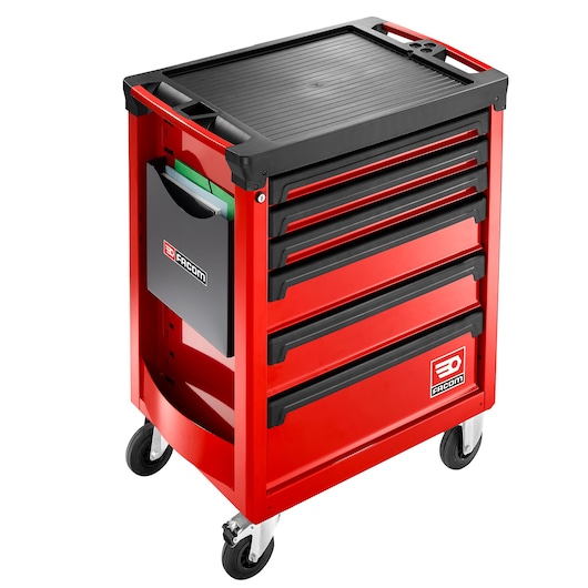 Facom ROLL.6M3APB red mobile tool cabinet with six drawers, side file holder, front angle, white background.