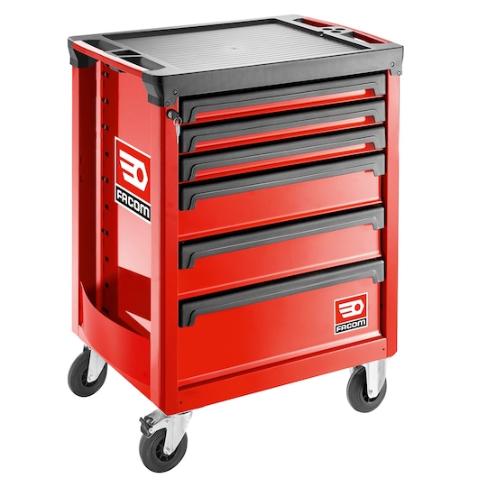 Facom ROLL.6M3A red tool trolley with six drawers and black handles, front angle on white background.