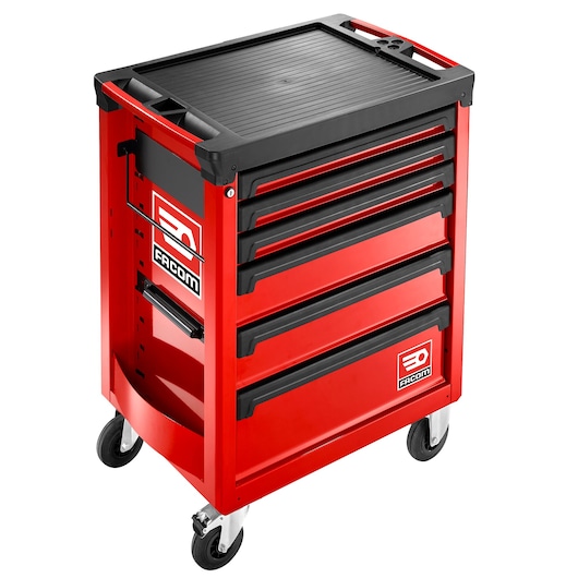 Photo of Facom red rolling tool cabinet with six black-handled drawers, side handles, and caster wheels, ROLL.6M3A.